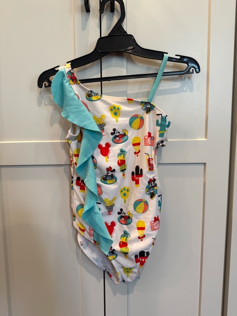 Disney White Multicolor Kids Swimsuit with Beach and Snacks Print